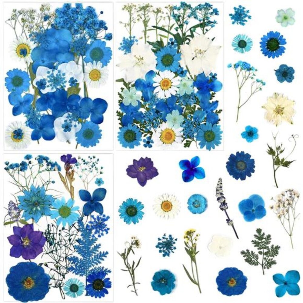 85 Pcs Blue Pressed Dried Flowers for Resin Molds, Real Natural Flowers Leaves